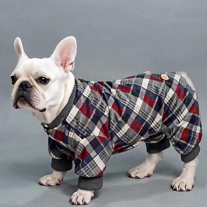 KYEESE Dog Pajamas Velvet Pjs Comfy Coat Pet Clothes Soft Doggie Jammies Plaid Dog Pajamas for Small Dogs Boy Girl Stretchy Onesie, Grey, X-Large