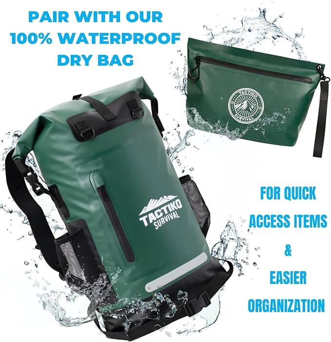 Tactiko 3L Water Resistant Pouch - Waterproof Material w/Splashproof Zipper - Hold All Zipper Bag for Storage, Toiletries, Travel, Beach, Cruise, Home (Green)