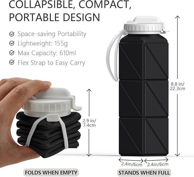 Collapsible Water Bottles with Straw 20.6oz, Silicone Foldable Portable Water Bottle, BPA-Free, Leakproof Reusable for Travel Camping Hiking Cycling Yoga Sports, 1 Pack (Black)
