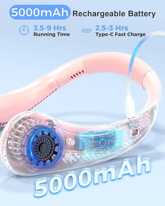 Portable Bladeless Neck Fan, 5000mAh Rechargeable Battery, 3 Speeds, Workout Essential, 360°Airflow, Twistable, Personal Wearable Neck Fan for Sports Outdoor Indoor, Gifts for Man Woman Family