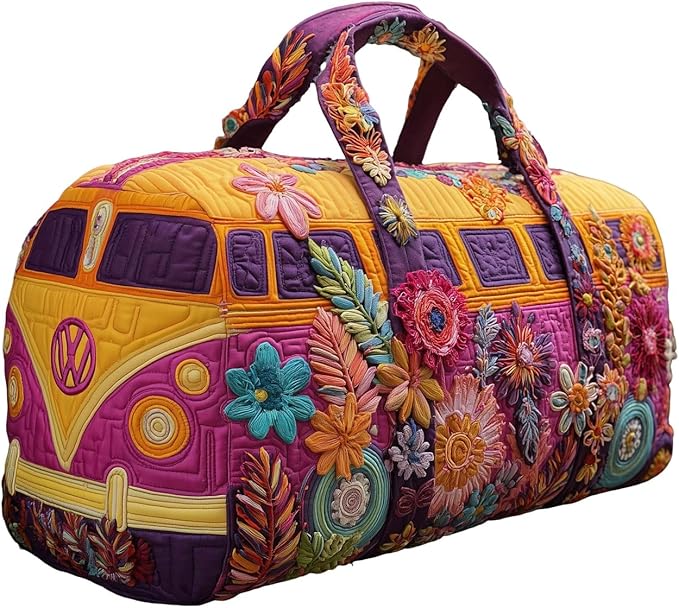 Hippie Journey Quilted Duffel Bag Hippie Van Travel Duffel Bag Vintage Floral Weekender Overnight Bags Women Gym Bags
