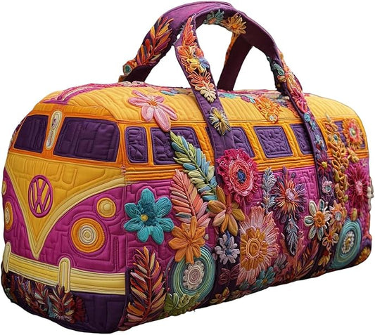Hippie Journey Quilted Duffel Bag Hippie Van Travel Duffel Bag Vintage Floral Weekender Overnight Bags Women Gym Bags