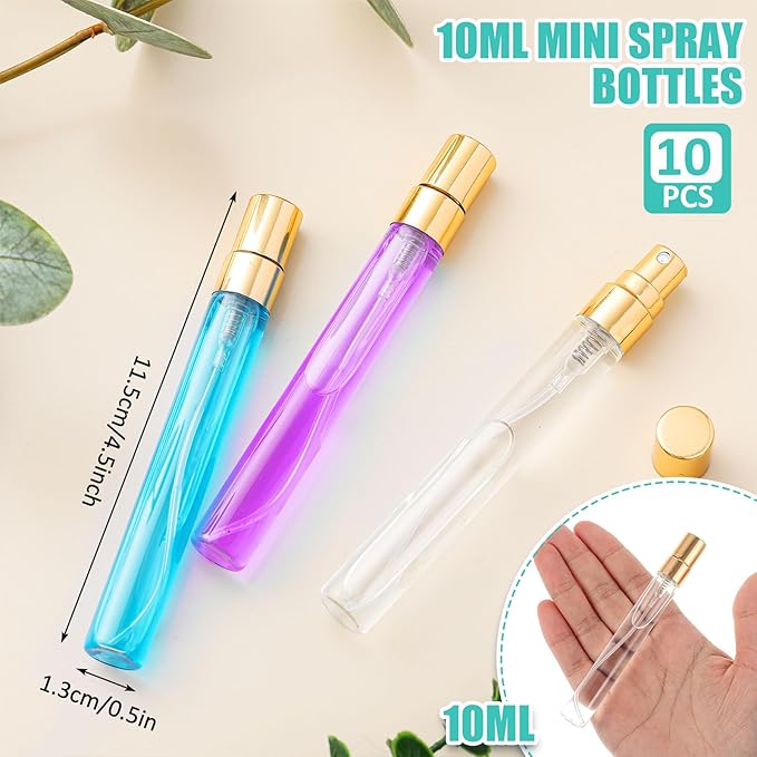Zhehao 10 Pcs Mini Spray Bottles 10 ml Clear Glass Perfume Bottles Refillable Fine Mist Perfume Atomizer Portable Empty Sample Containers for Cleaning, Essential Oils, Travel (Gold Cap)