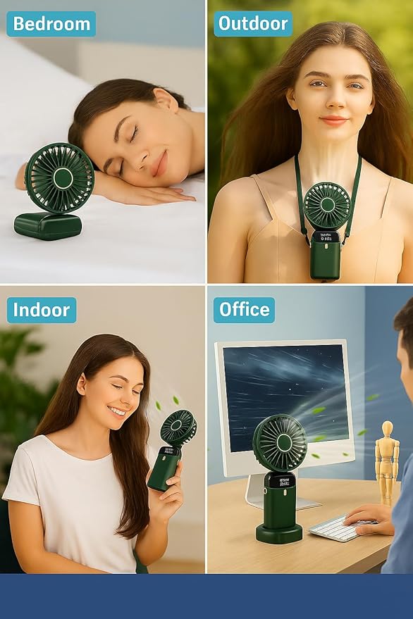 AMPMG LED Digital Display Rechargeable Fan – Portable Handheld & Desk Fan with Adjustable Speeds, USB Charging, Quiet Operation, and Base Stand for Home, Office, Travel and Outdoor Use (Green)