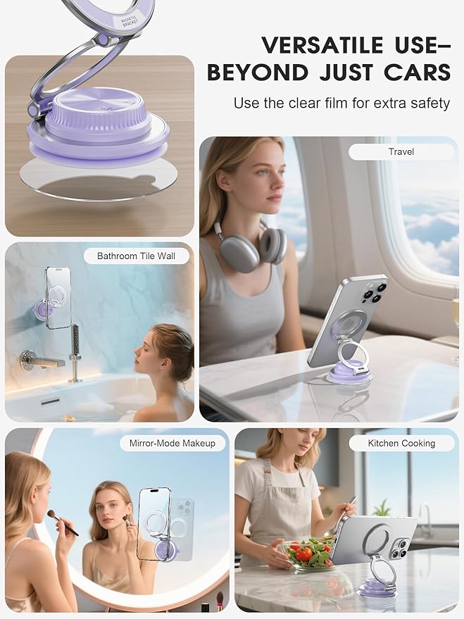 Ultra-Thin Vacuum Magnetic Car Phone Holder for MagSafe[108+LBS Strongest Suction & 3000gf Strongest Magnetic],360°Adjustable Suction Cup Phone Mount for Car,Gym,Mirror,Men Women-Purple