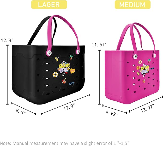 2-Piece Tote Bag Set, Waterproof Rubber Beach Bag with Summer Pattern, Medium & Large Handbag for Pool, Beach, Boat