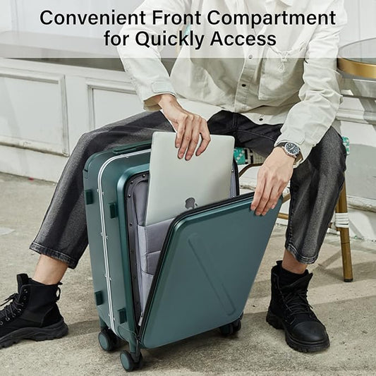 MILADA Wide Handle Carry On Luggage with Front Pocket Hardshell 20 Inch Front Opening Luggage with Spinner Wheels TSA Lock Aluminium Suitcase Airline Approved Carry-On Travel Luggage, Blackish Green