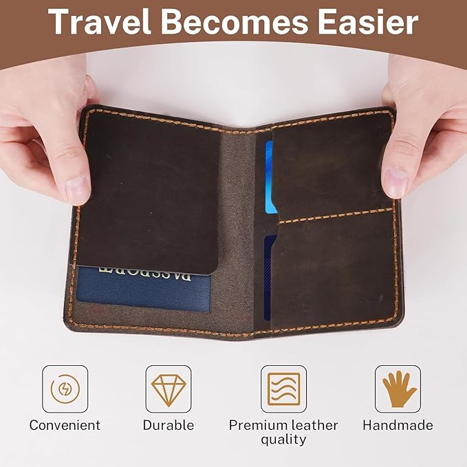 Genuine Leather Passport Holder for Travel,RFID Blocking Passport Cover, Men Passport Wallet, Folding Passport Clip with One Pocket, Two Card Slots, And One Passport Pocket(Coffee Brown)