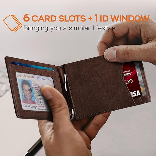 RUNBOX Slim Wallet for Men Genuine Leather RFID Blocking Bifold Minimalist Front Pocket Mens Wallet with Money Clip Thin Gift Box