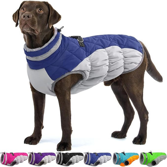 OUOBOB Dog Coats for Large Dogs,XL Dog Coat,Warm Fleece Winter Coat with D-Ring,Back Zipper Pet Jacket for Large Dogs,Waterproof Pet Snow Jacket Clothes Snowsuit Beagle Corgi Border Collie,Blue,XL