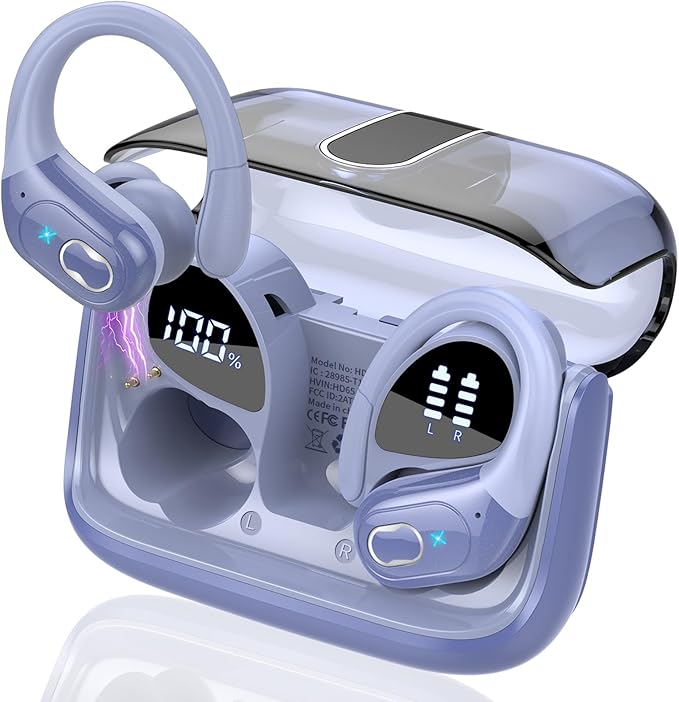 Wireless Earbuds 75hrs Bluetooth 5.4 Headphone Sport, 2025 Bluetooth Earbuds Stereo Deep Bass Over Ear Bud with Earhooks, ENC Noise Cancelling Mic, IPX7 Waterproof Earphone, Purple Blue