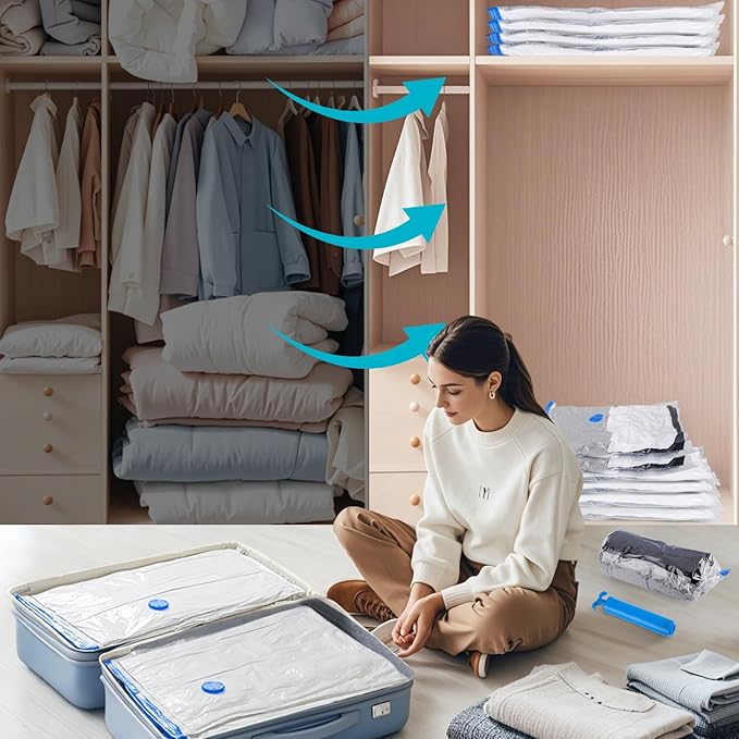 Vacuum Storage Bags with Hand Pump, 12 Large Compression Space Saver Vacuum Seal Bags for Clothing, Travel Luggage, Comforters, Blankets, Pillows, Bedding(12L)