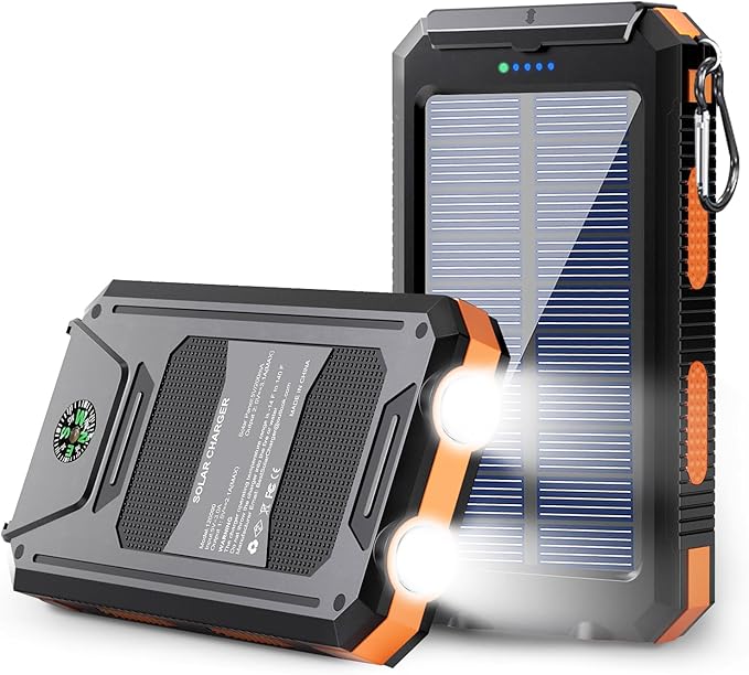 Solar Power Bank - 36800mAh Solar Phone Charger, USB-C QC3.0 Fast Charger with LED Flashlight, IP65 Waterproof Portable Power Bank for Camping, Hiking Outdoor Activities（Orange）