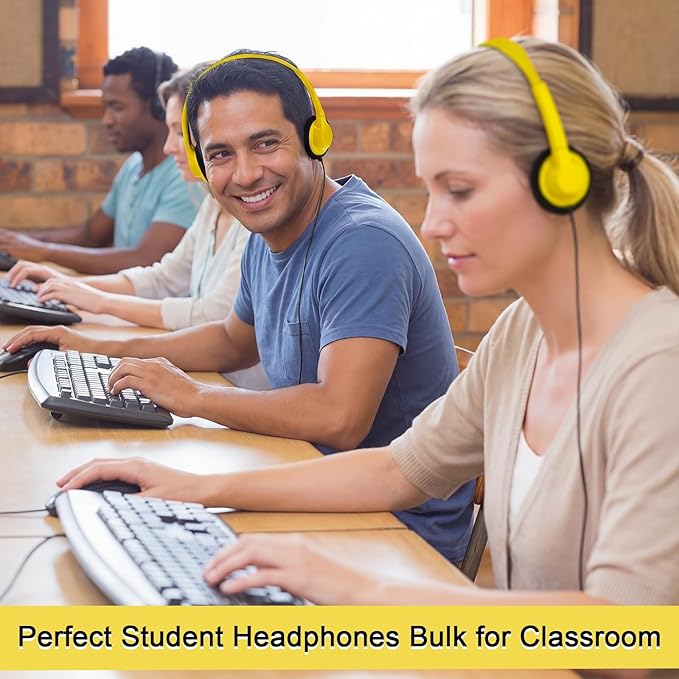 Yunsailing 30 Pack Bulk Headphones Set Over Ear Headphones with Adjustable Headband 3.5mm Plug Headsets Earphones for Learning Program, Computer Lab, Library, Testing & Multimedia Use (Yellow)