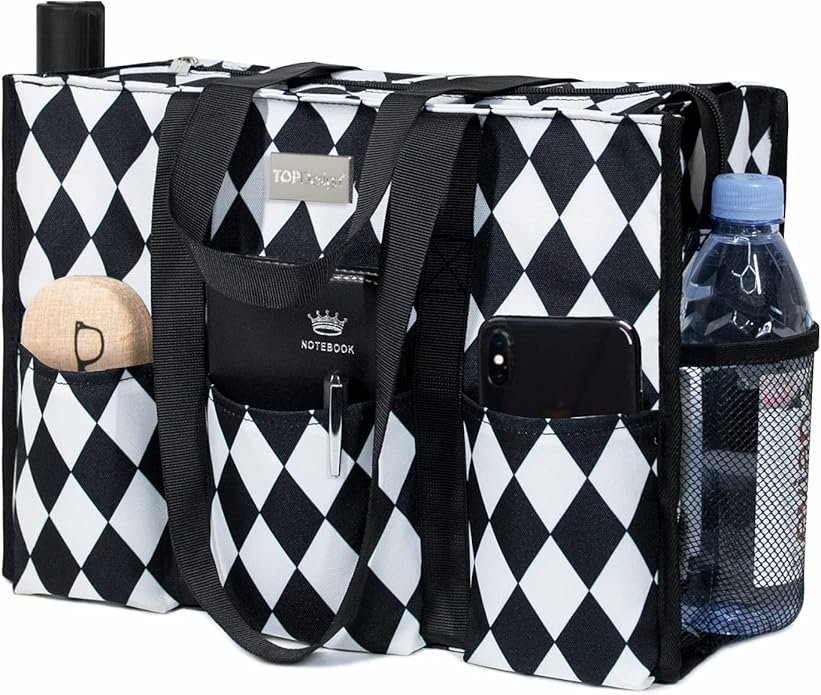 TOPDesign Utility Water Resistant Tote Bag with 13 Pockets, Top Zipper Closure & Thick Bottom Support, for Working Women