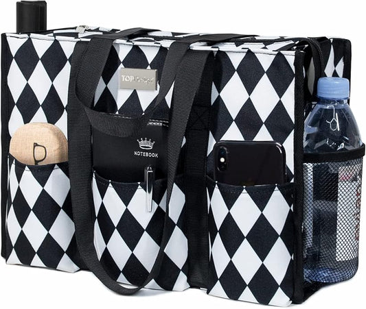 TOPDesign Utility Water Resistant Tote Bag with 13 Pockets, Top Zipper Closure & Thick Bottom Support, for Working Women