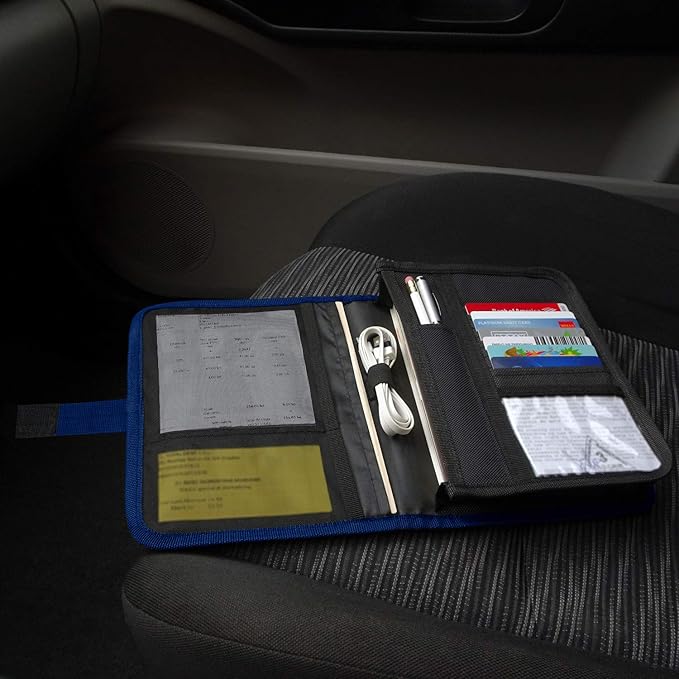 Glove Box Compartment Organizer - Car Document Holder - Owner Manual Case Pouch - Vehicle Storage Wallet for Registration & Insurance Card - Premium Auto Paperwork Holder - Log Book included - Blue