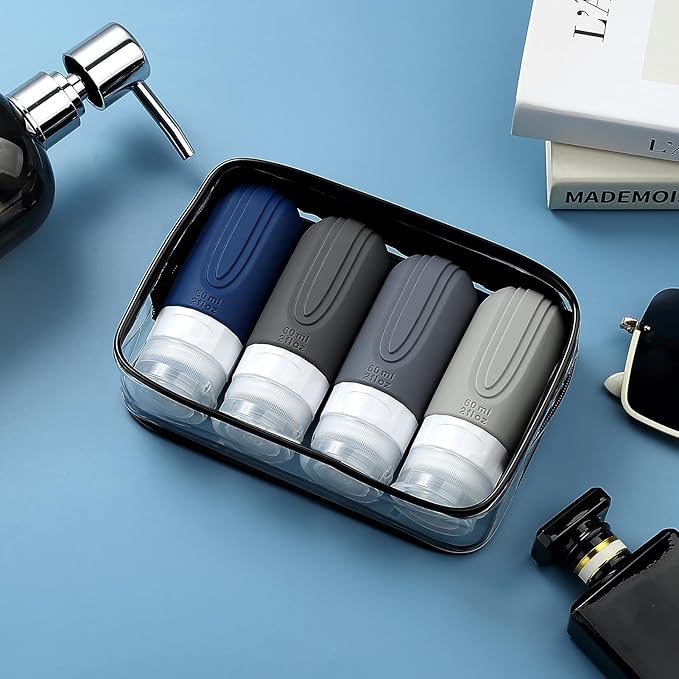 Travel Bottles for Toiletries, Tsa Approved 2oz Travel size Bottles, BPA Free Leak Proof Travels Toiletry Containers, Traveler Accessories with Toiletry Bag for Shampoo Liquid (4 Pack)