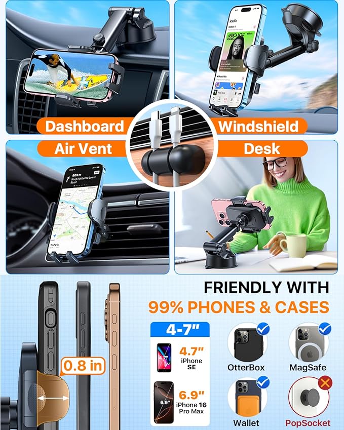 2026 Ultimate Best【True Military-Grade & Safety Cert】Car Phone Holder HTU【Upgraded 5-in-1 & 100+LBS Strongest Suction】360 Rotation Truck Windshield Dashboard Vent Mount Stand for iPhone Android, Pink