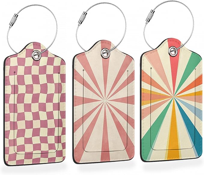 Abstract Colorful Twisted Checkered PU Leather Luggage Tags for Suitcase, Travel Cruise 3 Pack with Privacy Flap, Name ID Label and Metal Loop for Women Men Girls Baggage Bag Backpack