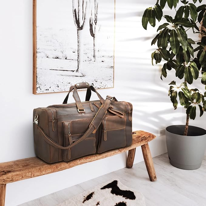 Polare 26" Leather Duffel Weekender Travel Bag For Men With Full Grain Cowhide Leather 56L