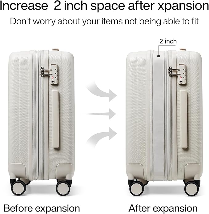 Hanke 20 Inch Expandable Carry on Luggage 22x14x9 Airline Approved Lightweight PC Hard Shell Suitcases with Wheels Travel Luggage Rolling Suitcase Travel Luggage Bag for Weekender(Ivory White)