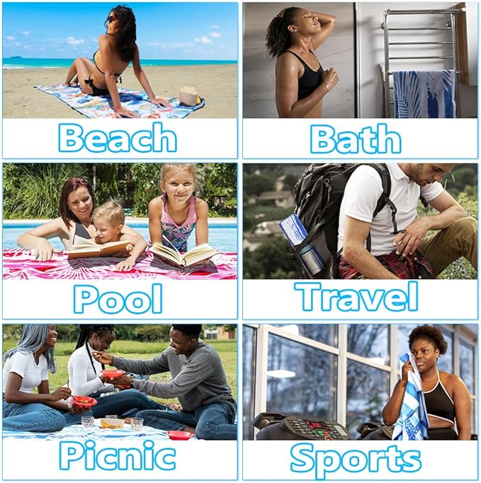 Microfiber Lightweight Thin Beach Towel Sand Free Quick Dry Absorbent Compact Towels for Swimming Pool Camping Beach Accessories Large Easy Pack Travel Things for Vacation Essentials Gift Adult