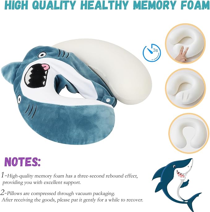 Cute Travel Neck Pillow, Kids Neck Pillow for Travel with Sleep Eye Mask, Memory Foam Cartoon Flight Sleeping Headrest Pillow for Boys & Girls, Train, Car, Airplane, Home Use - Bigmouth Shark