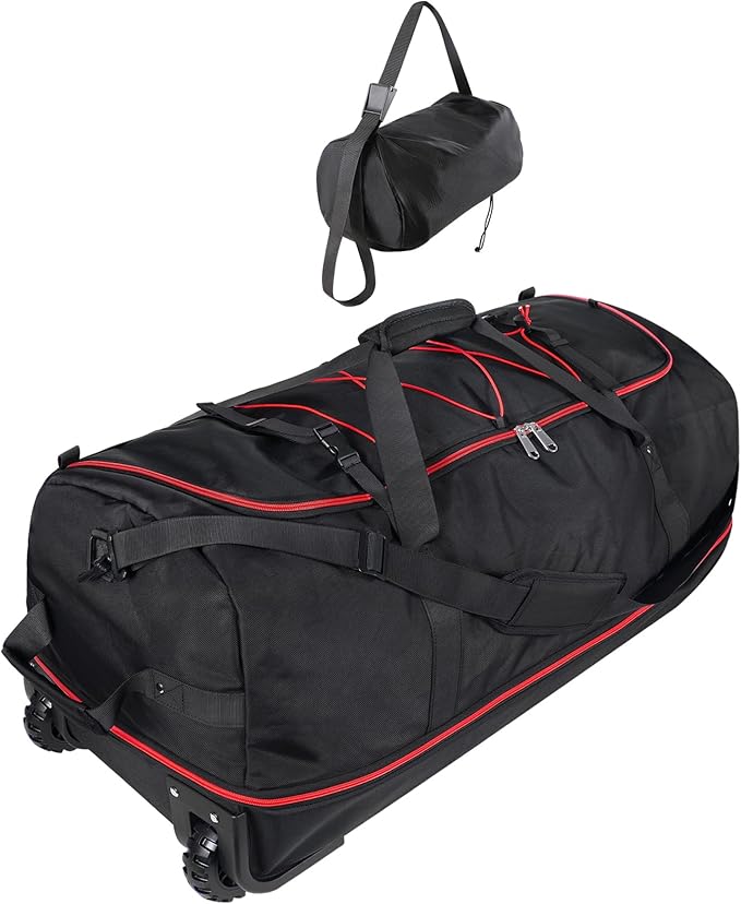 32” 1680D Oxford Foldable Duffle Bag with 2 Wheels,110L to 140L Expandable Soft Sided Rolling Travel Bag,Black-red