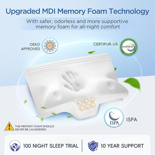 Effective Pain Relief Cervical Neck Pillow for Sleeping, Memory Foam Pillows for Neck Support, Odorless Contour Side Pillow, Ergonomic Bed Pillow for Back Stomach Sleeper (Grey and White)