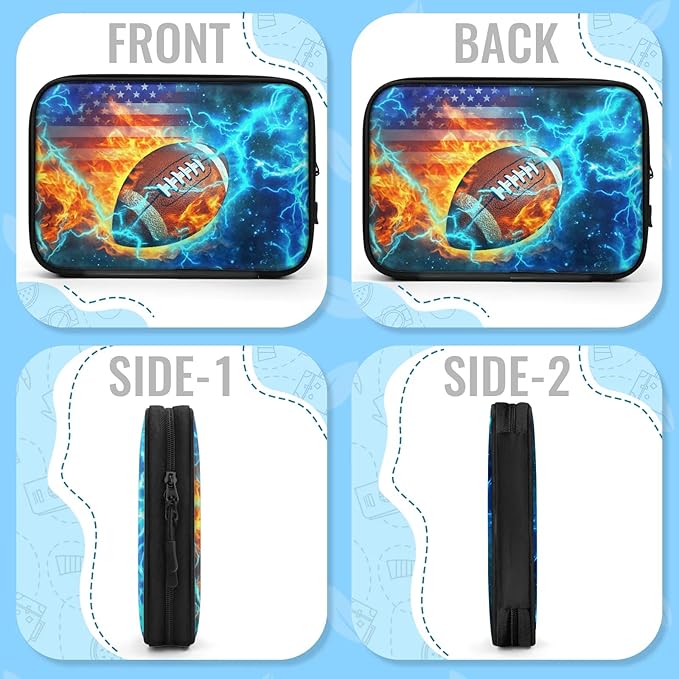 Football Fire Travel Cable Organizer Pouch American Flag Soccer Electronics Accessories Carry Case Portable Water Resistant Storage Bag for Cord Charger Phone Earphone SD Card
