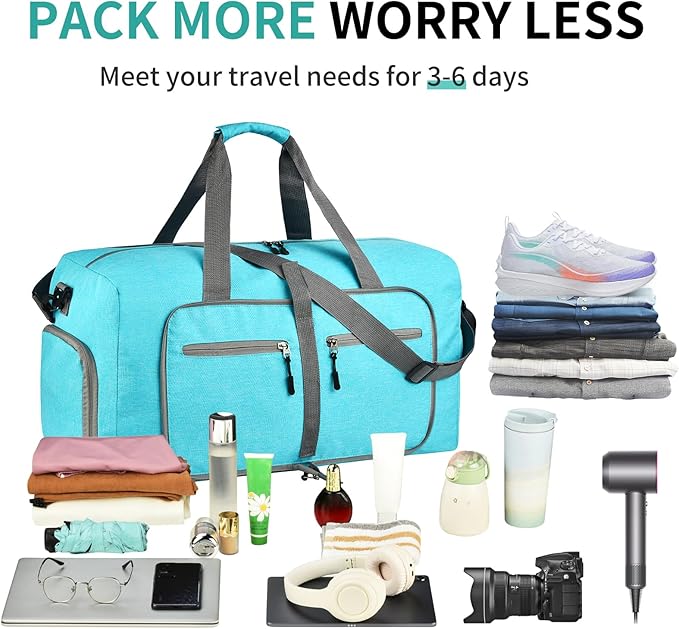 Dimayar 40L Travel Duffle Bag for Men Women - Foldable Duffel Bag with Shoes Compartment - Overnight Bags Waterproof & Tear Resistant(Mint Green)