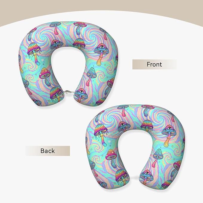 Support Neck Pillow for Youth Travel, Washable Airplane Chin Supporting and Relax U Shaped Pillows Colorful Trippy Mushroom Art
