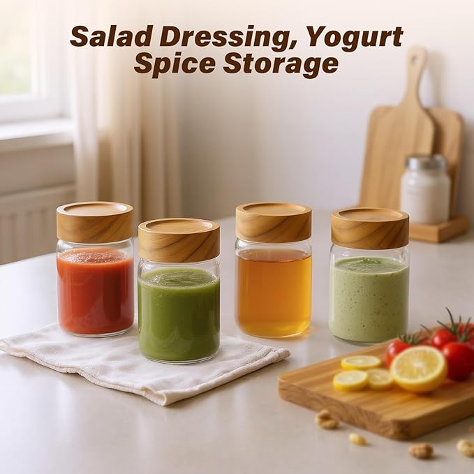 Zoaiirte 6pc 8oz Glass Mason Jars with Acacia Wood Airtight Lids - Food Storage Container Set, Clear Stackable Leakproof Kitchen Canisters for Meal Prep/Snack Organization/Spice Storage