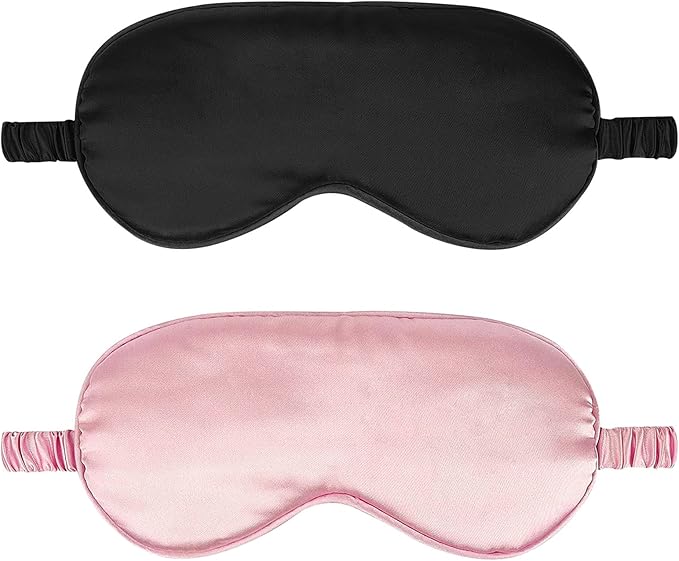 2Pack Silk Sleep Mask,IEKEODI Eye Mask for Sleeping,Elastic Blackout Eye Mask & Blindfold for Full Night's Sleep,Travel and Nap(Black+Pink)