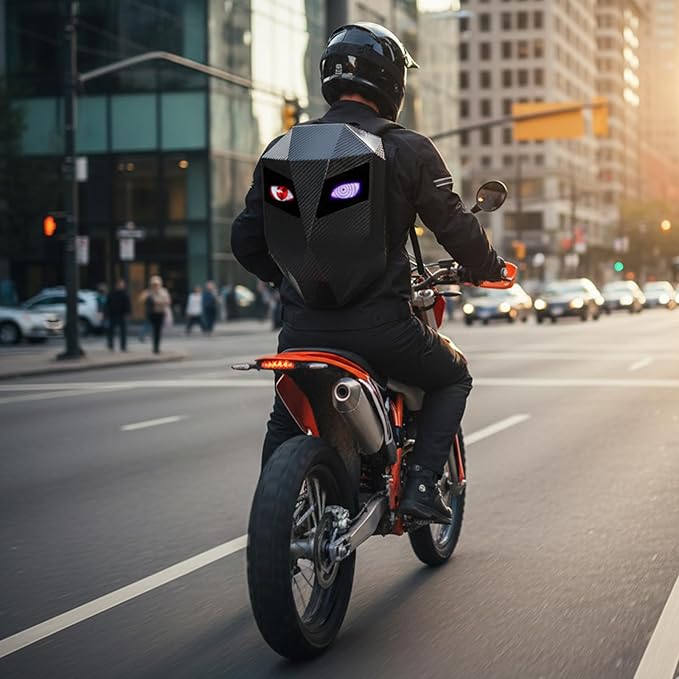 Motorcycle Backpack with LED Eyes, DIY Laptop Backpack for Riding, Cycling, Travel, Waterproof Hard Case Motorbike Bag, Large Size 19" Classic Black