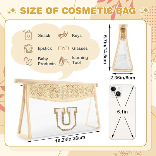Personalized Initial Letter Bag Boho Straw Clear Makeup Bag,Small Cute Chenille Varsity Letter Pouch With Zipper,Beach Travel Toiletry,Portable Monogrammed Cosmetic Bag for Women Girls,U