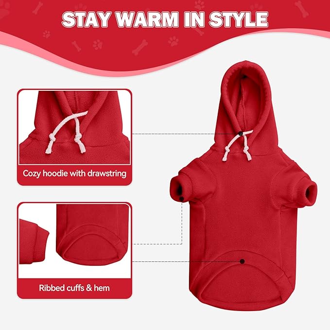 Extra Small Dog Sweater,Dog Hoodie,Warm Fleece Sweatshirt with Hood & Pocket,Leash Hole,Cozy Cold Weather Cat Pet Clothes Puppy Sweater for Small Dogs(Red,XS)