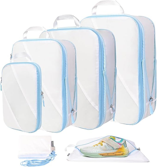 Lightweight Compression Packing Cubes for Suitcases, Compressible Expandable Travel Packing Organizer with Clear Toiletries and Backpack Bag, Travel Essentials for Carry on Luggage 7 Set