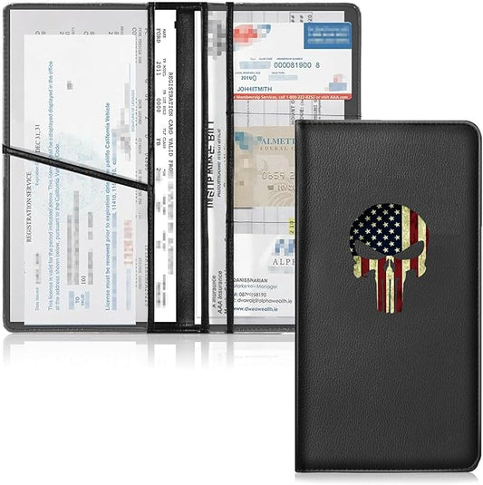 Leather Car Registration and Insurance Cards Holder, Vehicle Glove Box Car Organizer Documents License Compatible with American Skull Flag Auto Interior Accessories