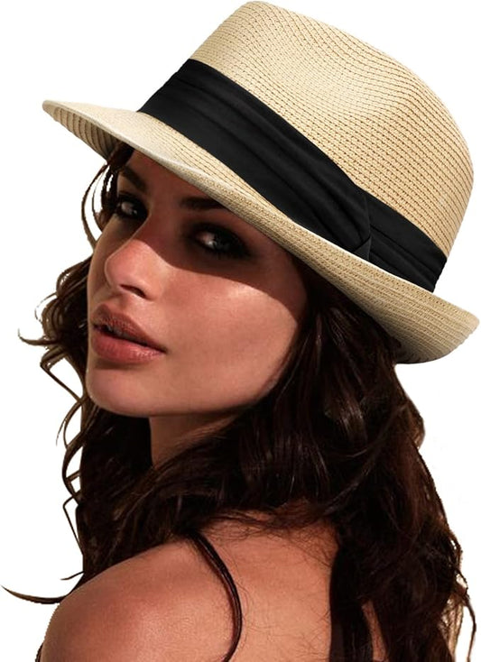 DRESHOW Women Straw Panama Hat Travel Fedora Beach Sun Hat Summer Wide Brim Straw Roll up Hat UPF 50+