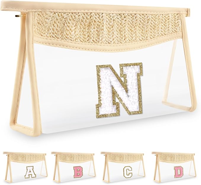 Personalized Initial Letter Bag Boho Straw Clear Makeup Bag,Small Cute Chenille Varsity Letter Bag With Zipper,Beach Travel Toiletry Bag,Portable Monogrammed Cosmetic Bag for Women Girls,N