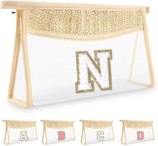 Personalized Initial Letter Bag Boho Straw Clear Makeup Bag,Small Cute Chenille Varsity Letter Bag With Zipper,Beach Travel Toiletry Bag,Portable Monogrammed Cosmetic Bag for Women Girls,N