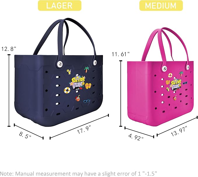 2-Piece Tote Bag Set, Waterproof Rubber Beach Bag with Summer Pattern, Medium & Large Handbag for Pool, Beach, Boat
