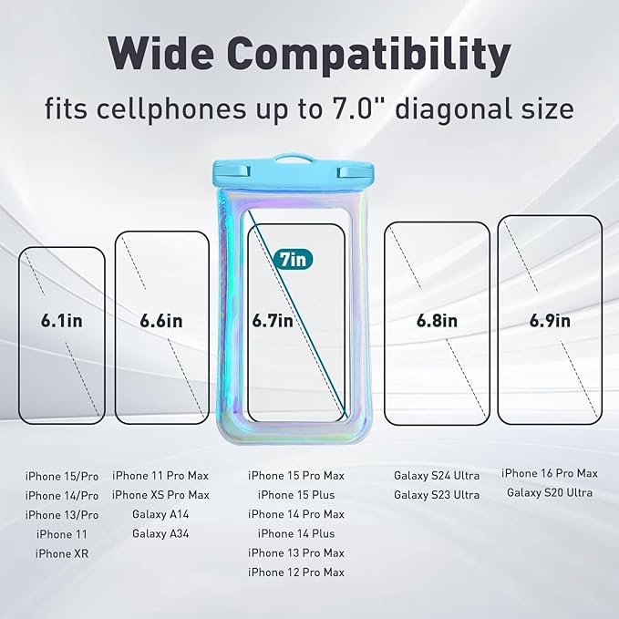 Floatable Soap Bubble Waterproof Phone Pouch/Case with Crossbody Lanyard for iPhone 17 16 Pro Max/15 Pro/14/13/12, IP68 Cellphone Dry Bag Beach Cruise Ship Essentials,Iridescent Blue,1 Pack