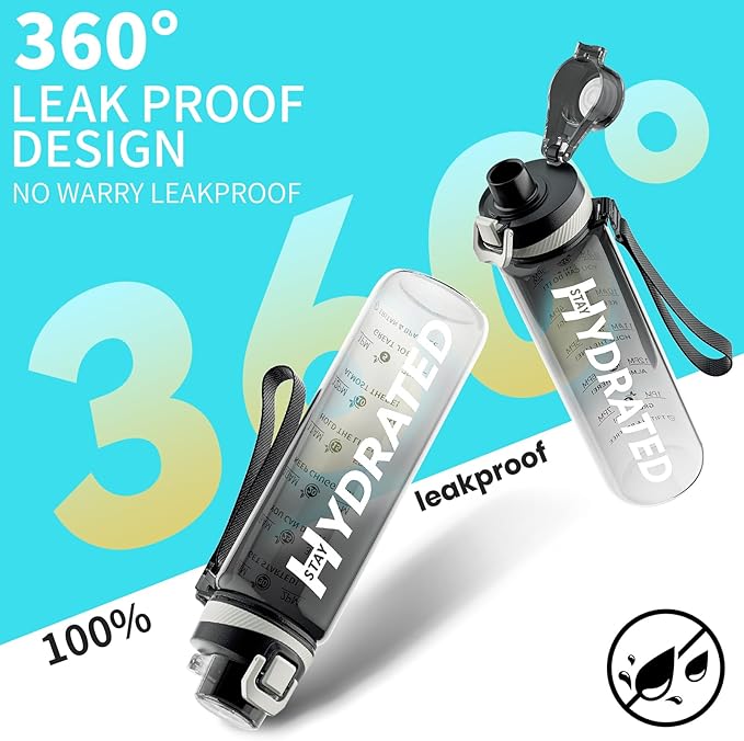 Water Bottle, 32 oz Motivational Water Bottles with Time Marker-Tritan & BPA Free, Sports Water Bottle with Time to Drink & Strap, Wide Mouth, Leakproof -Gift for Christmas Gym Fitness & Outdoor