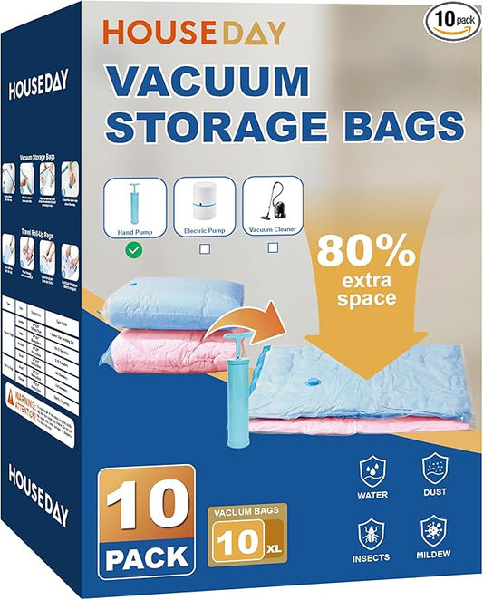 HOUSE DAY 10 Jumbo Vacuum Storage Bags with Pump,Space Saving Vacuum Seal Bags For Clothing Travel, Vacuum Storage Bags For Clothes, Comforters, Blankets, Pillows, Bedding, Moving, Travel, Hand Pump