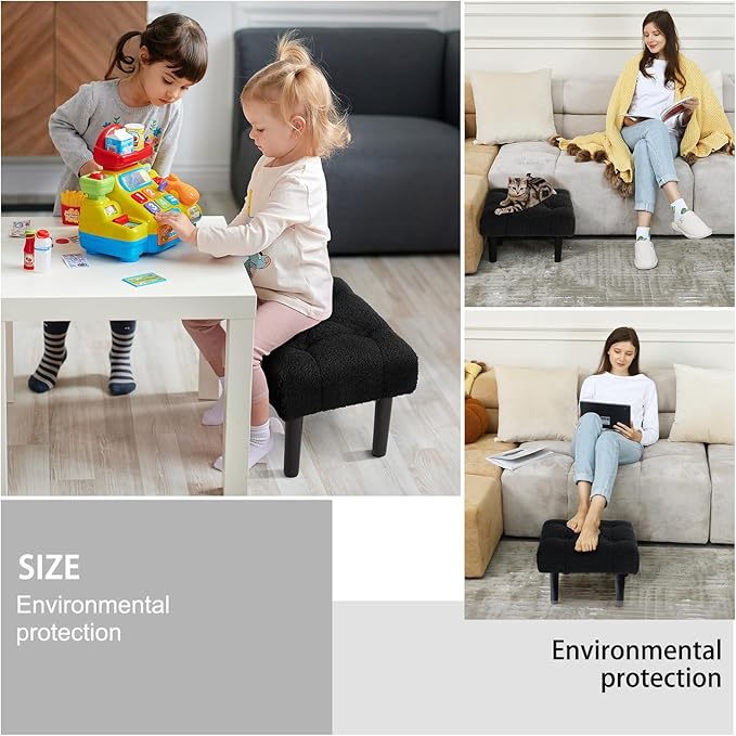 HOUCHICS Fur Padded Foot Stool, Small Ottoman Foot Rest with Wooden Legs,Modern Rectangle Chair Foot Rest Foot Step Stool for Living Room, Couch, Desk(Black)