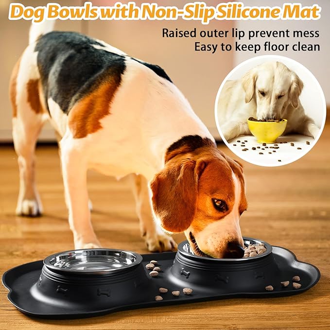 Hubulk Pet Dog Bowls 2 Stainless Steel Dog Bowl with No Spill Non-Skid Silicone Mat + Pet Food Scoop Water and Food Feeder Bowls for Feeding Small Medium Large Dogs Cats Puppies (M, Black)
