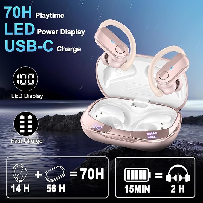 Wireless Earbuds, Sports Bluetooth 5.4 Headphones IPX8 Waterproof, 70H Over Ear Buds with Deep Bass Sound,4 ENC Noise Cancelling Mics, USB-C Fast Charging Earphones with Earhooks for Workout/Running